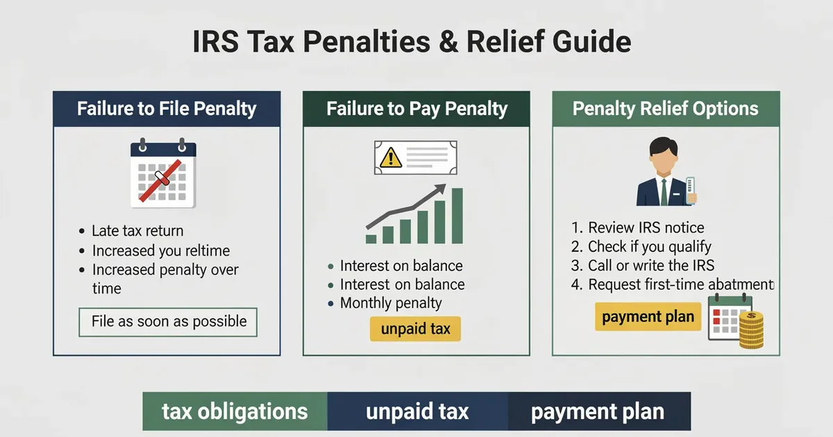 Infographic explaining penalties for IRS: failure to file, failure to pay, and how to request penalty relief