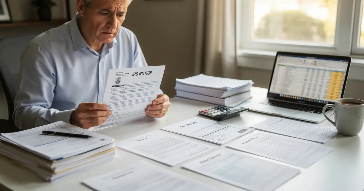 Worried man reading an IRS notice at a desk covered with tax documents, a calculator, and a laptop showing a spreadsheet.