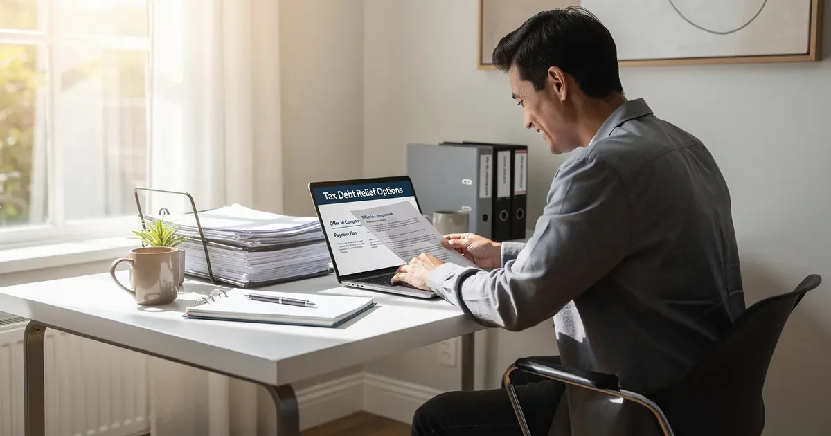 Man at desk reviewing tax debt relief options on laptop and paper documents in a home office
