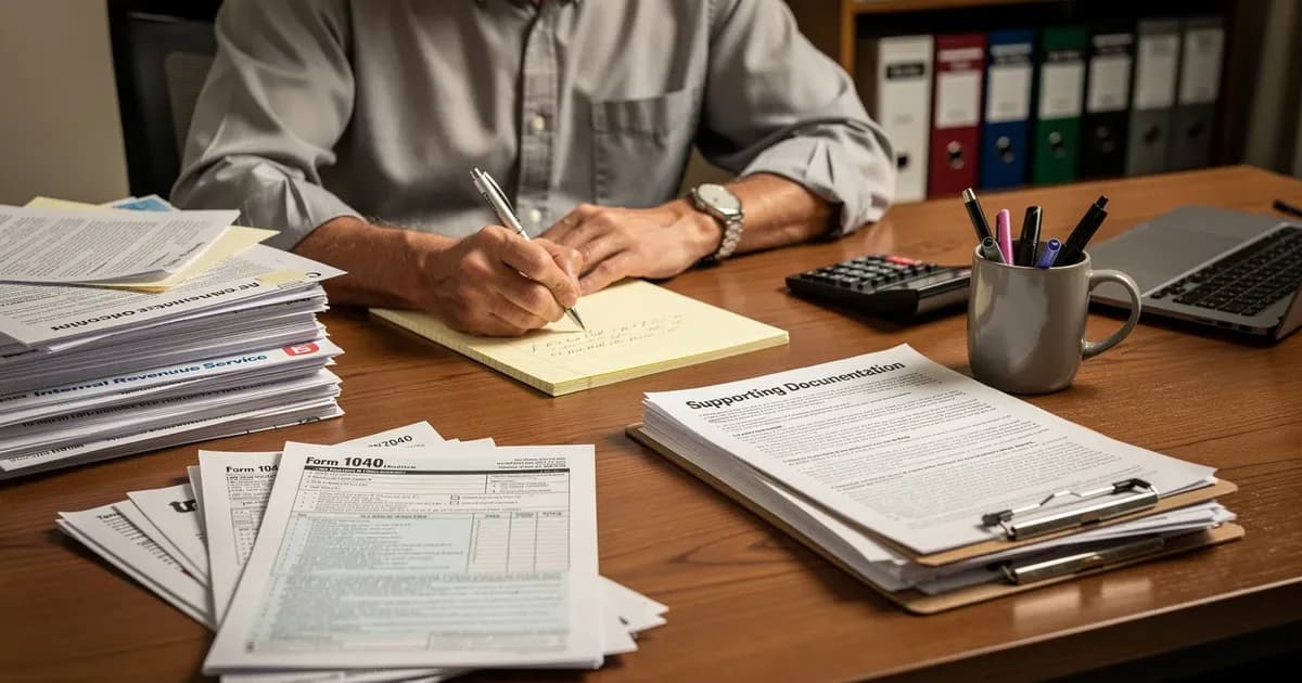 Person writing notes at a desk covered with IRS notices, Form 1040 documents, a calculator, and supporting documentation