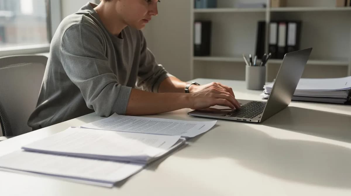 The image shows a person sitting at a desk, carefully organizing paper documents alongside a laptop, which may include tax-related materials such as a tax return, IRS notices, and supporting documentation for a potential IRS audit. The individual appears focused on sorting through these important financial documents, possibly in preparation for a response to a CP2000 notice or to address income discrepancies.