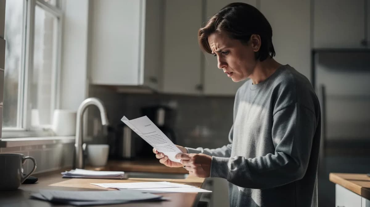 A person stands at a kitchen counter, holding a formal letter with a concerned expression, likely regarding a cp2000 notice from the IRS that addresses additional tax owed and underreported income. The scene conveys a sense of urgency as the individual contemplates the proposed changes and payment options outlined in the letter.