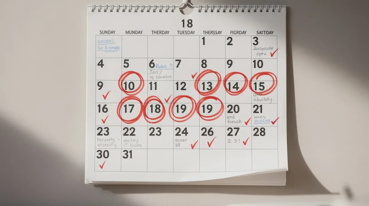 The image shows a wall calendar with several important dates circled in red marker, likely indicating deadlines for tax-related actions such as responding to an IRS notice or submitting a tax return. These dates could be crucial for taxpayers managing financial institutions and payment plans during tax season.