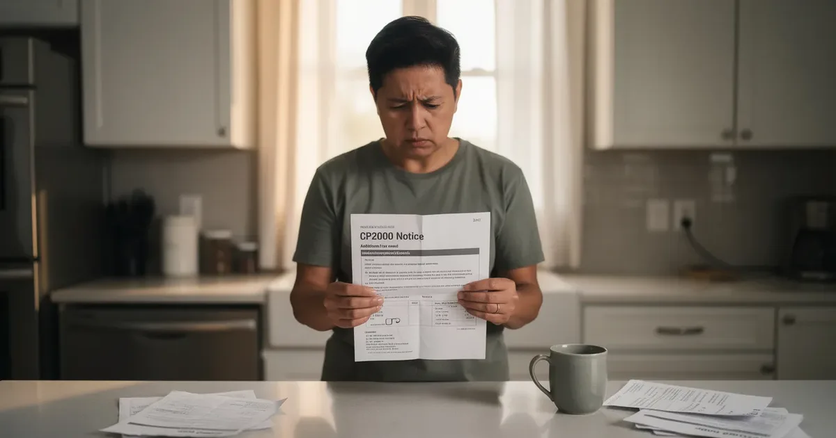 Person reading an IRS CP2000 notice with a worried expression, standing in a kitchen with papers spread on the counter.