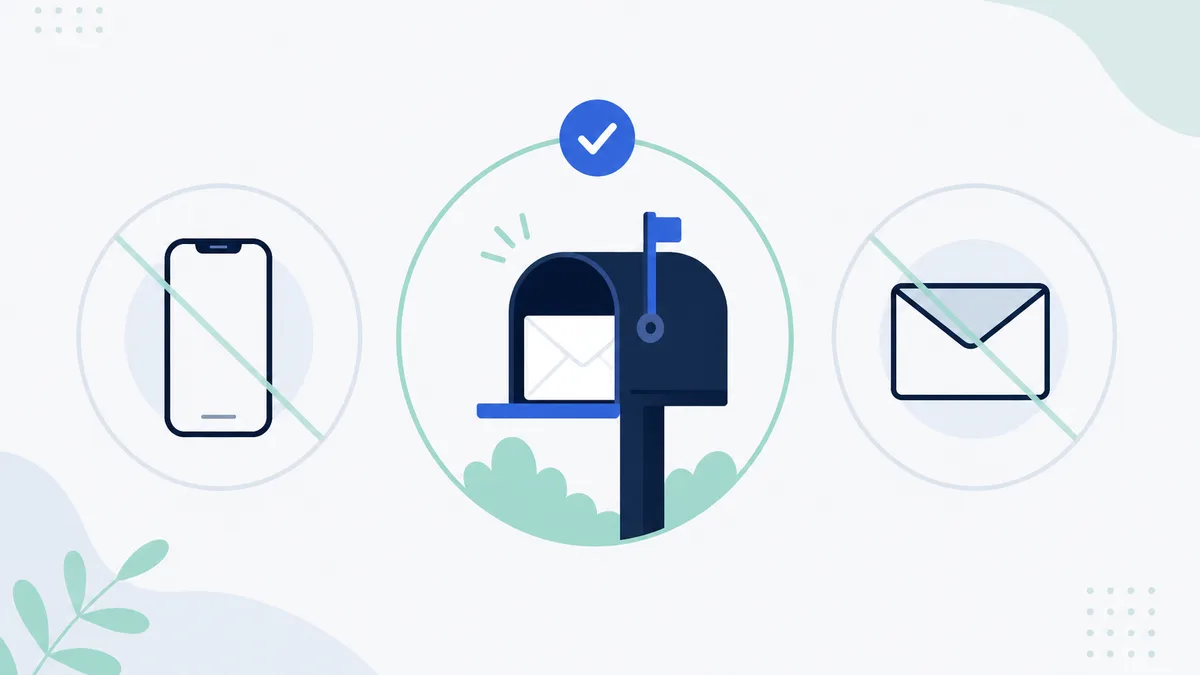 Phone, SMS bubble, email icon, and postal envelope showing IRS contact channels