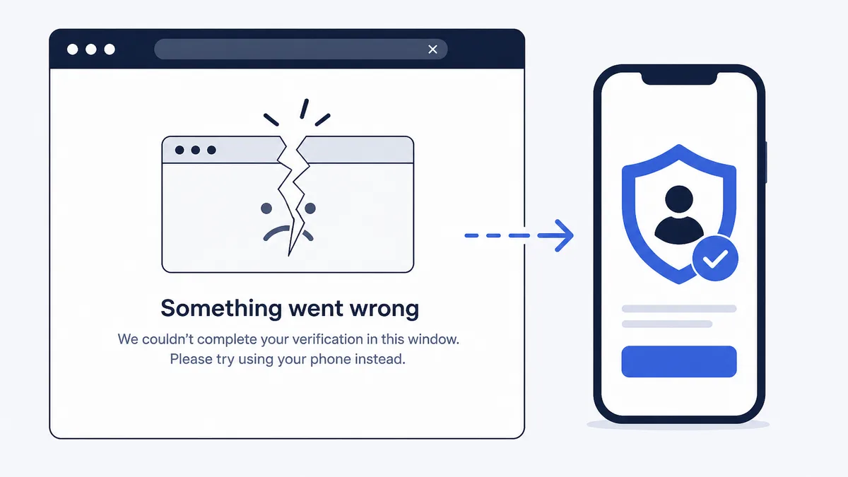 Laptop showing a failed IRS identity site with phone and in-person backup options