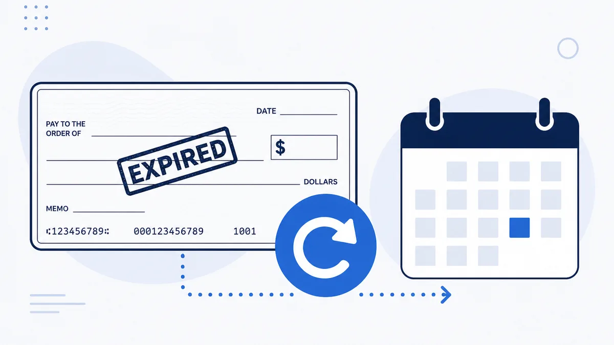 Expired IRS refund check beside a reissue request form