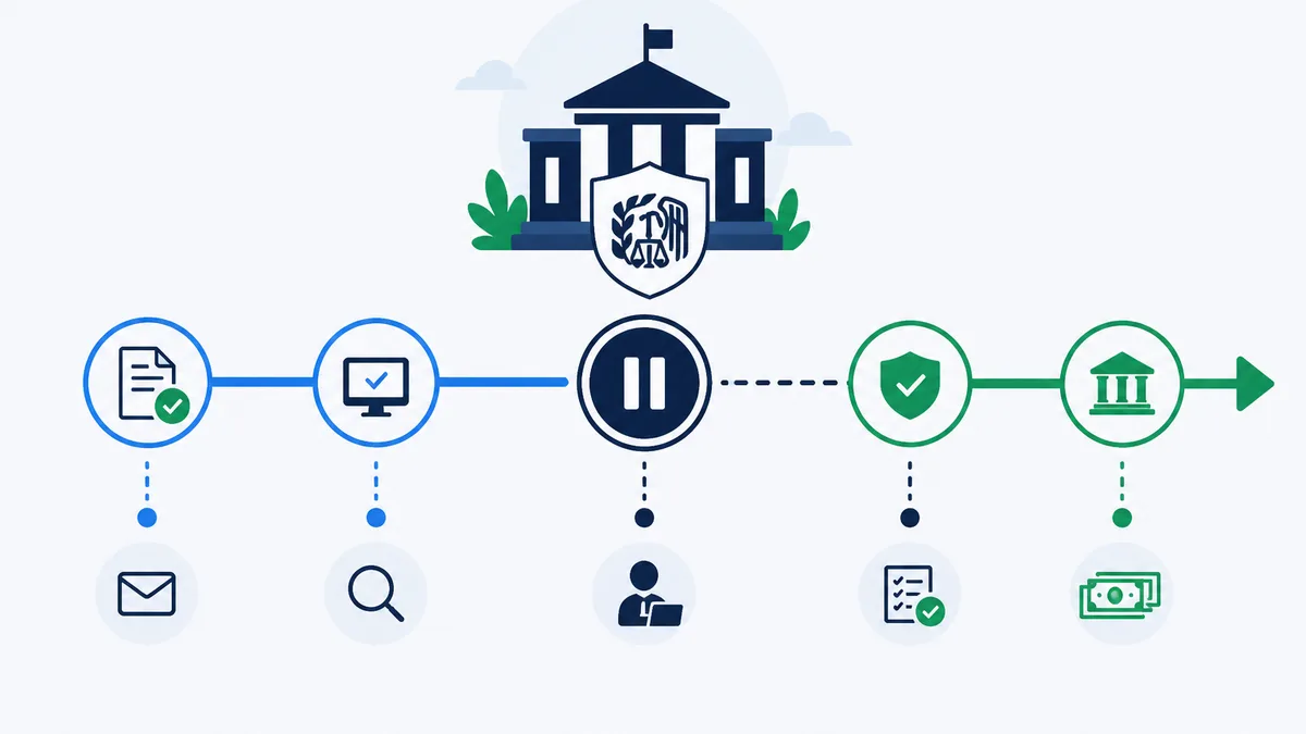 Refund timeline graphic showing an IRS review hold before release