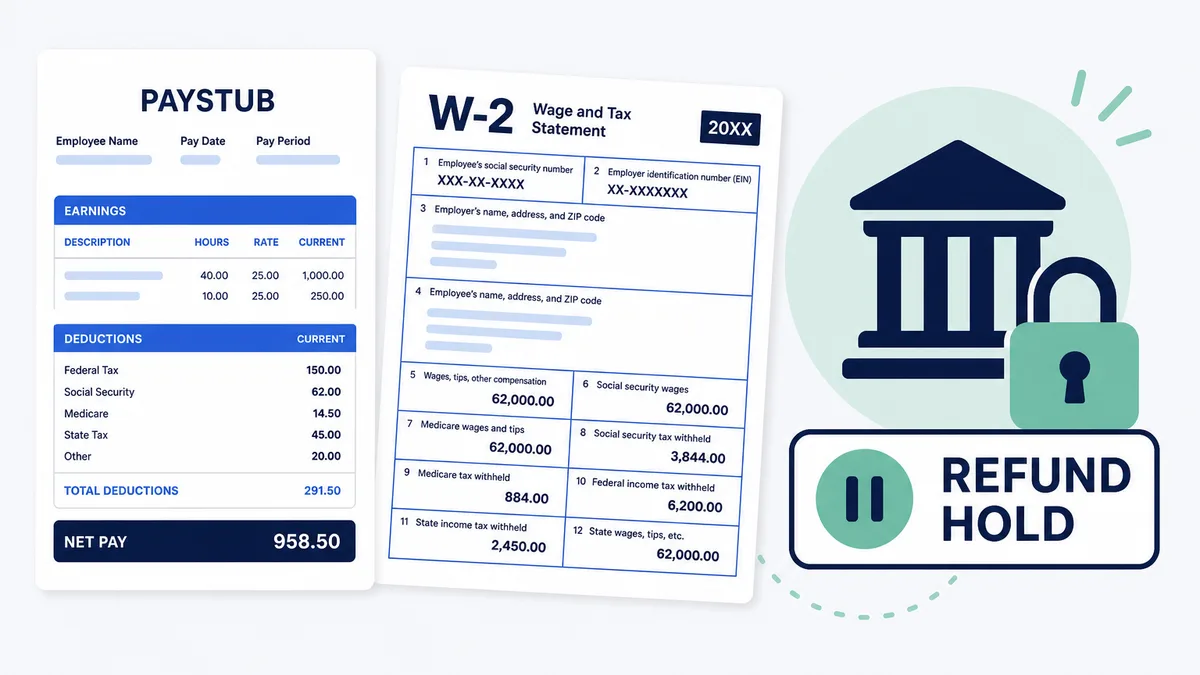 Pay stub and W-2 beside an IRS document request letter