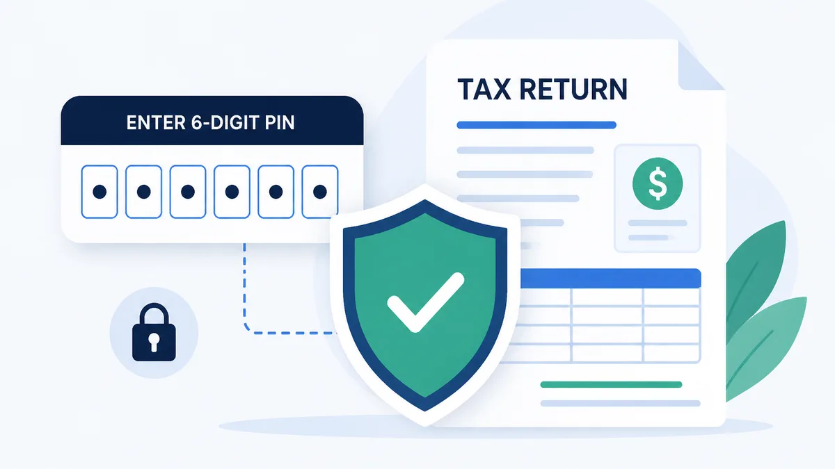 Six-digit IRS IP PIN envelope icon beside a locked e-file submission graphic
